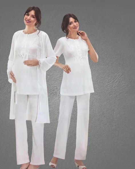 NEHİR 2036 Hamile Lohusa 3Lü Pijama Sabahlık Takım ürün görseli 1