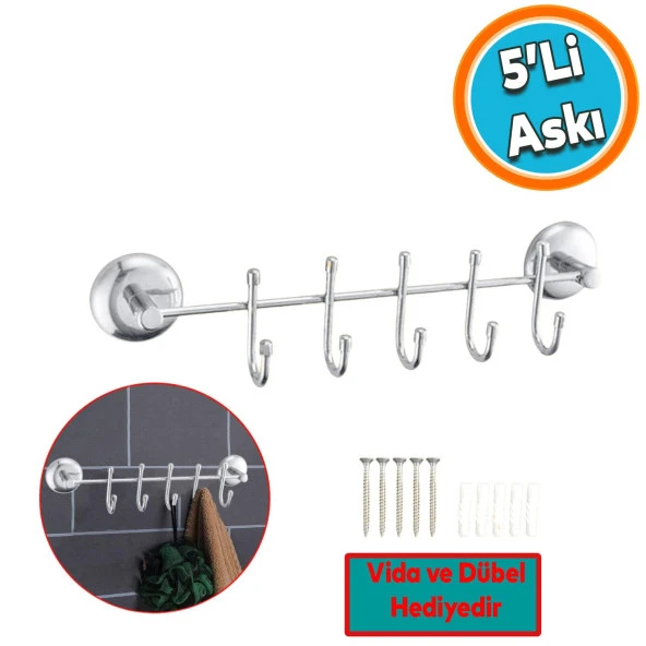 5'li Vidalı Askılık Metal Banyo Lavabo Sağlam Aparat Krom Askılık Elbise Havlu Asma Askı ürün görseli 1