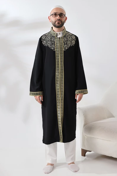 Siyah Hakim Yaka Erkek Namaz Elbisesi Şerit Nakış İşlemeli İmam Cübbesi ürün görseli 1