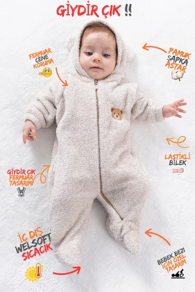 Welsoft Peluş Fermuarlı Kışlık Unisex Kız Erkek Bebek Uyku Tulumu Bebek Tulumu Çocuk Tulumu ürün görseli 1