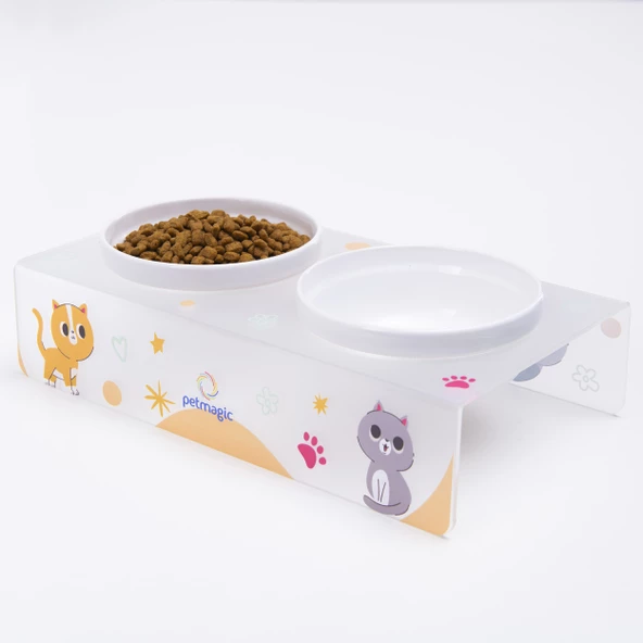 Petmagic Akrilik Pleksi Evcil Hayvan Renkli Seramik Kaseli Kedi ve Köpek Mama Su Kabı-Mat Kediler ürün görseli 1