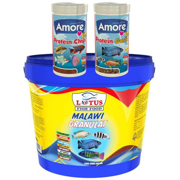 Lotus Malawi Granulat 3 Kg Kova, Amore Elite Protein Garlic ve Protein Chips 250ml Kutu Balık Yemi ürün görseli 1