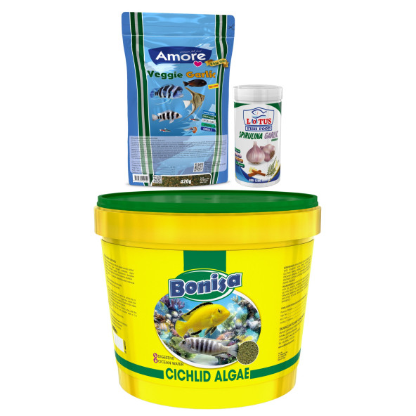 Bonisa Cichlid Algae 3 Kg Kova, Amore Veggie Garlic Pro 420gr, Lotus 100ml Spirulina Garlic Balık Yemi ürün görseli 1