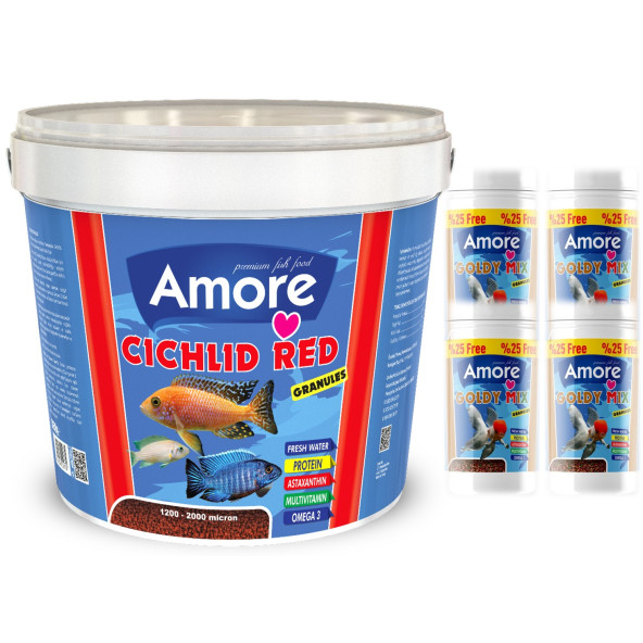 Amore Cichlid Red Granules Kova 3 Kg Akvaryum Balık Yemi Ve 4x125ml Gold Mix Japon Balığı Yemi ürün görseli 1