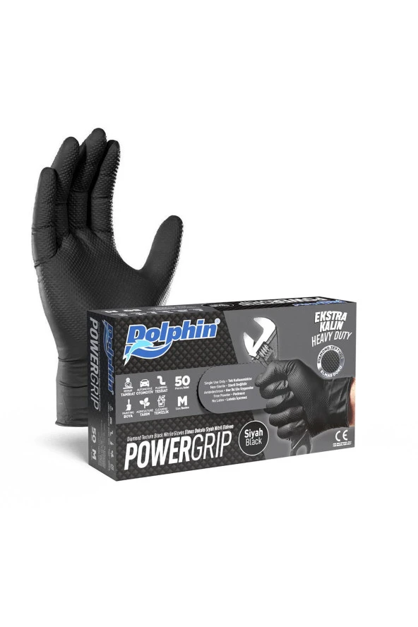 Dolphin Nitril PowerGrip Ekstra Kalın Elmas Dokulu Eldiven Siyah Meidum Orta Boy - 50'li Paket ürün görseli 1