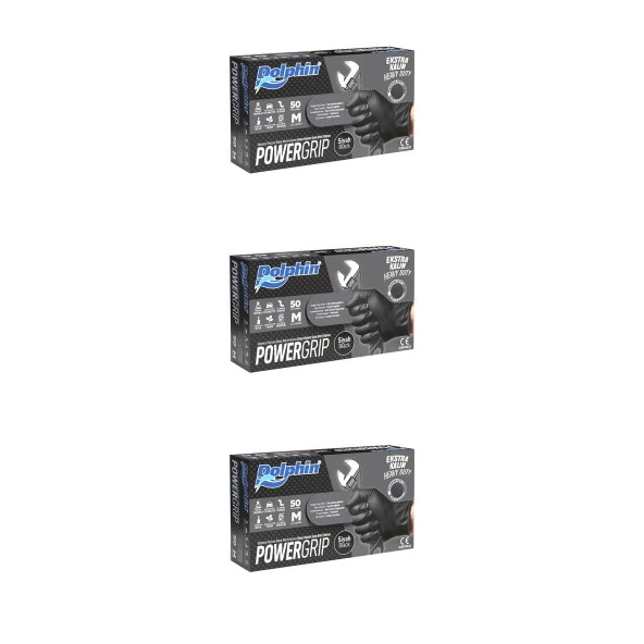 Dolphin Nitril PowerGrip Ekstra Kalın Elmas Dokulu Eldiven Siyah Meidum Orta Boy - 50'li 3 Paket ürün görseli 1
