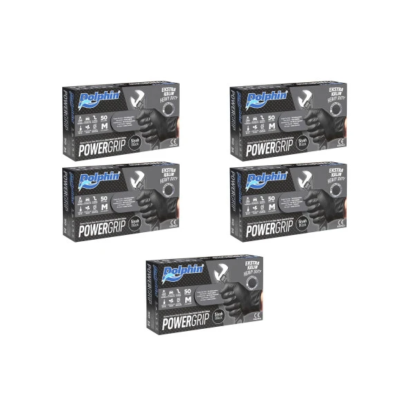 Dolphin Nitril PowerGrip Ekstra Kalın Elmas Dokulu Eldiven Siyah Meidum Orta Boy - 50'li 5 Paket ürün görseli 1