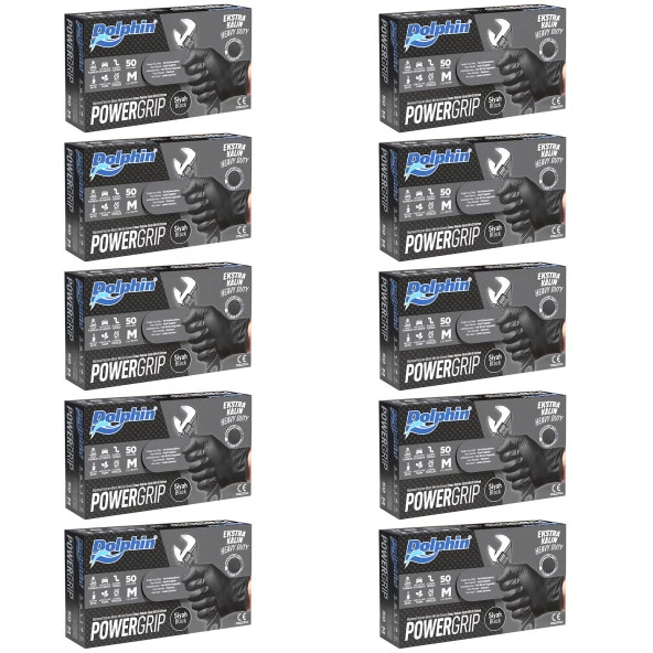 Dolphin Nitril PowerGrip Ekstra Kalın Elmas Dokulu Eldiven Siyah Meidum Orta Boy - 50'li 10 Paket ürün görseli 1