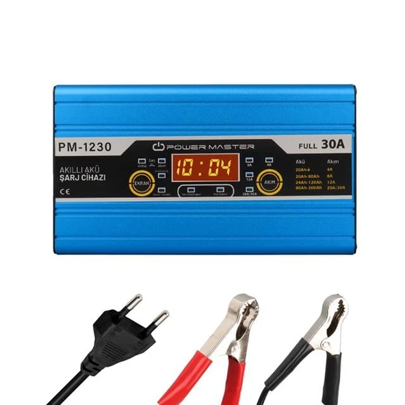 Powermaster PM-1230A 12 Volt 30 Amper LCD Ekranlı Akıllı Akü Şarj Cihazı ürün görseli 1