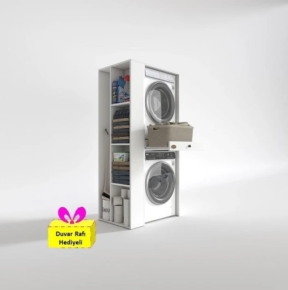 Kenzlife çamaşır-kurutma makinesi dolabı bacce sol byz 187*090*60 çekmeceli + tekli duvar rafı hediye ürün görseli 1