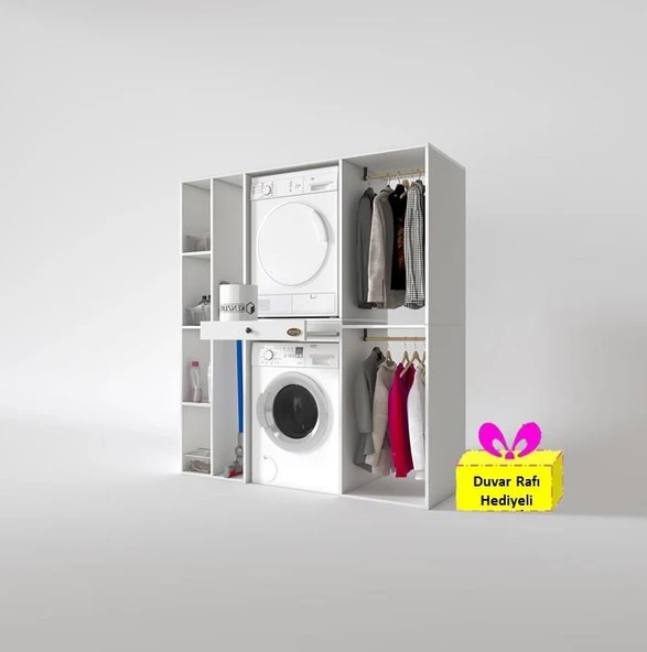 Kenzlife çamaşır-kurutma makinesi dolabı ve giysi dolabı çekmeceli hattab sol raf byz 187*160*60  + tekli duvar rafı hediye ürün görseli 1