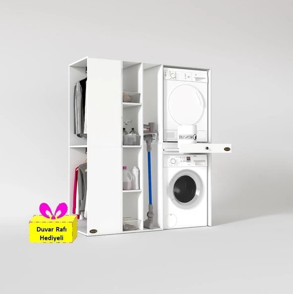 Kenzlife çamaşır-kurutma makinesi dolabı ve giysi dolabı çekmeceli attar sol byz 187*160*60  + tekli duvar rafı hediye ürün görseli 1