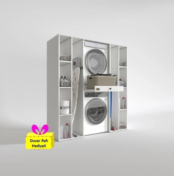 Kenzlife çamaşır-kurutma makinesi dolabı sadra byz 187*170*60 çekmeceli raflı + tekli duvar rafı hediye ürün görseli 1