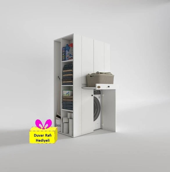 Kenzlife çamaşır-kurutma makinesi dolabı biruni byz 187*110*60 çekmeceli raflı + tekli duvar rafı hediye ürün görseli 1