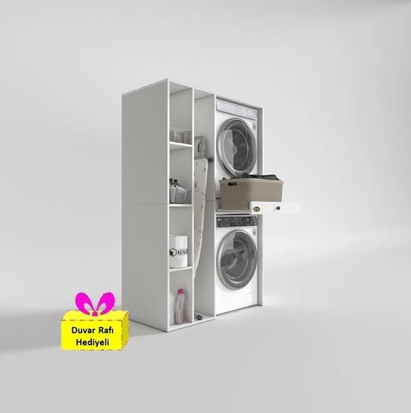 Kenzlife çamaşır-kurutma makinesi dolabı gutas sol byz 187*120*60 çekmeceli + tekli duvar rafı hediye ürün görseli 1