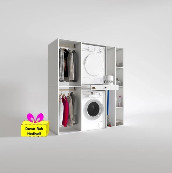 Kenzlife çamaşır-kurutma makinesi dolabı ve giysi dolabı çekmeceli hattab sağ raf byz 187*160*60  + tekli duvar rafı hediye ürün görseli 1