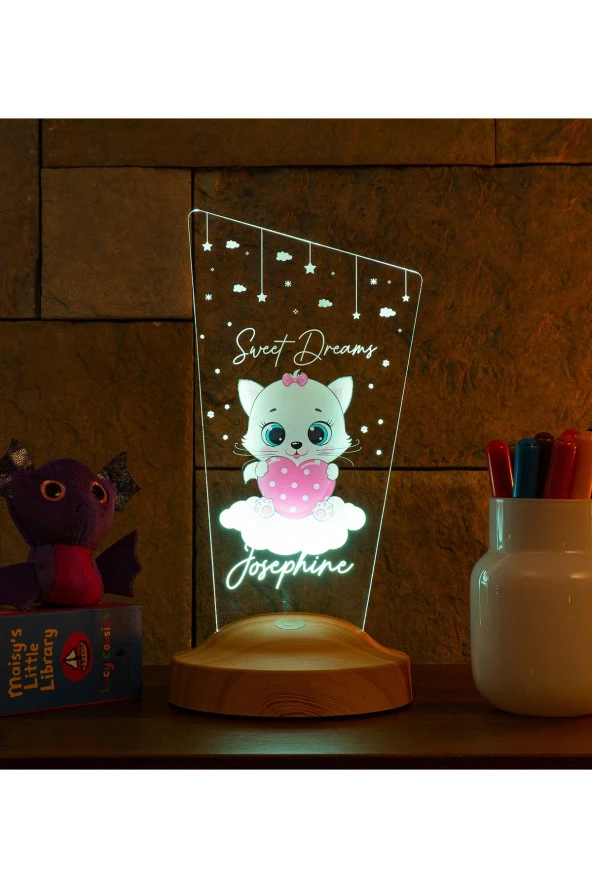 SEVGİ LAMBASI Pembe Kitty Kedicik Bebek Odası Gece Lambası, Kız Çocuklara Özel Hediye, Kedi Tasarımlı Led Lamba ürün görseli 1