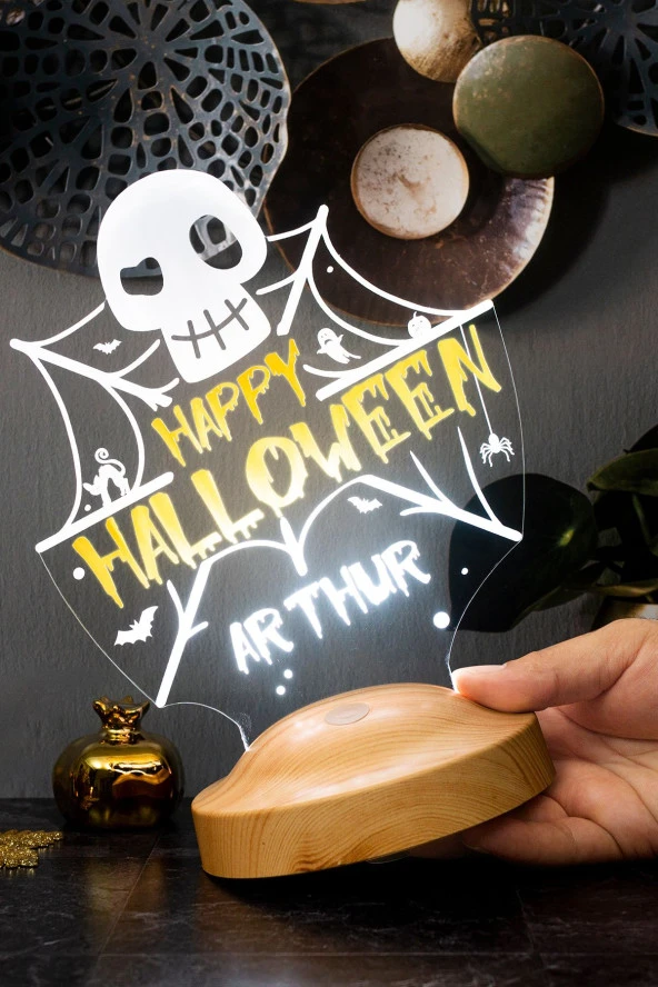 SEVGİ LAMBASI Cadılar Bayramı Halloween Hediyesi, Kişiye Özel Happy Halloween Kuru Kafa ve Ağlar Led Lamba ürün görseli 1