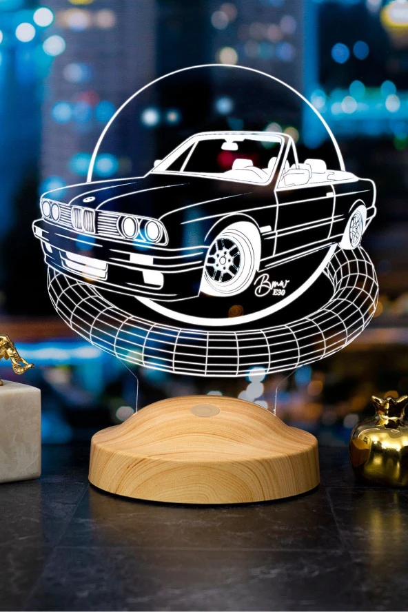 SEVGİ LAMBASI Klasik Bmw E30 Cabrio, Bmw Logolu Hediye 3d Led Lamba ürün görseli 1