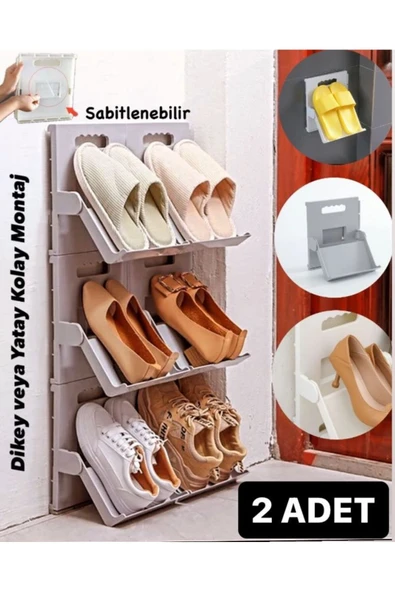 2 Adet Lyon Gri Ayakkabı Rafı Dikey İstiflenebilir Çok Katmanlı Tasarruflu Raf ürün görseli 1