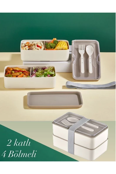 Lunch Box 2 Katlı Krem Çatal Kaşıklı Saklama Kabı 1003 Beslenme Kutusu Bölmeli Yemek Kutusu ürün görseli 1