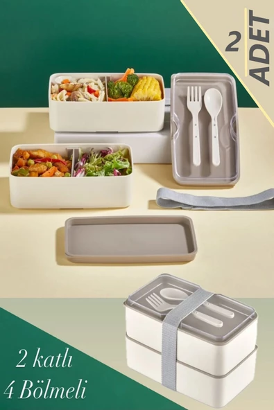 2 Adet 2 Katlı Krem Çatal Kaşıklı Saklama Kabı 1003 Lunch Box - Beslenme Bölmeli Yemek Kutusu ürün görseli 1