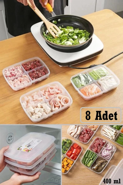 8 Adet Dondurulmuş 400 ml 4 Bölmeli Öğünlük Et Sebze Saklama Kabı - Kıyma Tavuk Buzluk Organizer ürün görseli 1