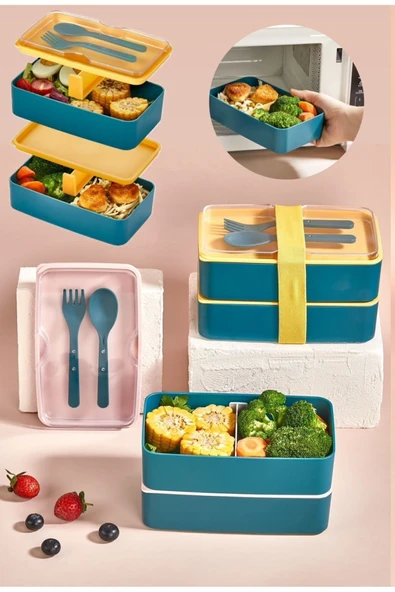 2 Katlı Yeşil Çatal Kaşıklı Beslenme Kabı 1003 Bölmeli Yemek Kabı Saklama Kutusu Lunch Box ürün görseli 1