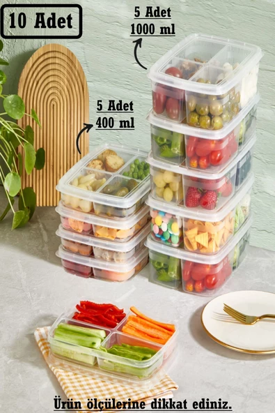 10 Adet 2 Boy Şeffaf Bölmeli Saklama Kabı Seti 5+5 (5 ADET 400 ML) (5 ADET 1000 ML) Buzluk Kabı ürün görseli 1