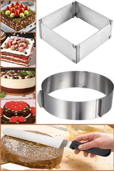 3 Parça Kare Ve Yuvarlak Pasta Kalıbı Ve Pasta Spatulası Pratik Ayarlanabilir Kek Pasta Kalıbı Seti ürün görseli 1