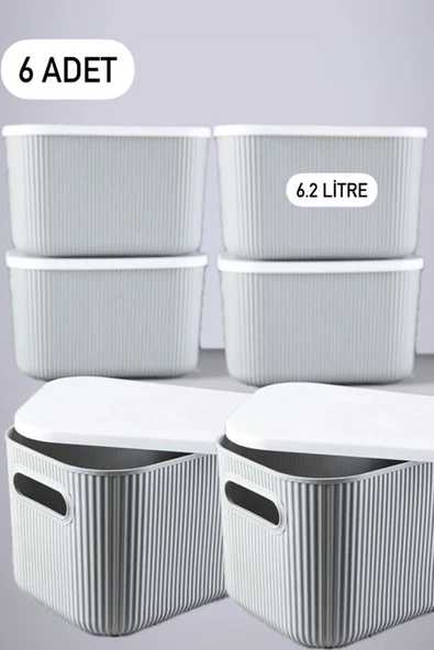 6 Adet Storage 6.2 lt Gri Çok Amaçlı Dolap İçi Düzenleyici Kapaklı Kutu Dekoratif Saklama Kutusu ürün görseli 1