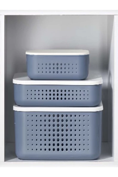Bubble 3 Lü Set Mavi Storage Dolap Düzenleyici Kapaklı Kutu 13 - 6,8 - 3,2 Lt Saklama Kutusu ürün görseli 1
