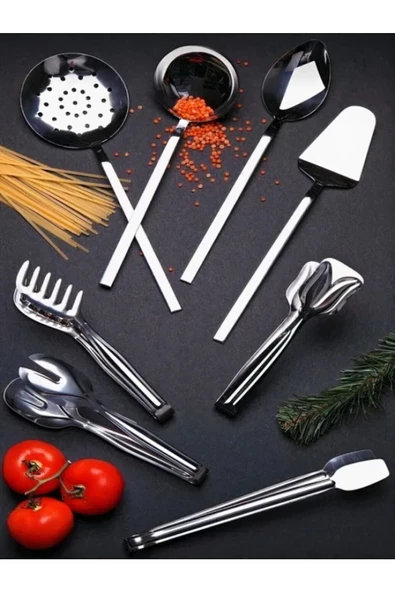 8 Adet Paslanmaz Çelik Servis Maşa Seti Izgara Salata Makarna Pasta Kepçe Kevgir Servis Kaşığı ürün görseli 1