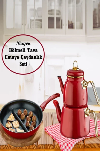 Ramazana Özel Sahur Seti 30 Cm Çift Bölmeli Tava + Kırmızı Emaye Çaydanlık Takımı İftar set ürün görseli 1