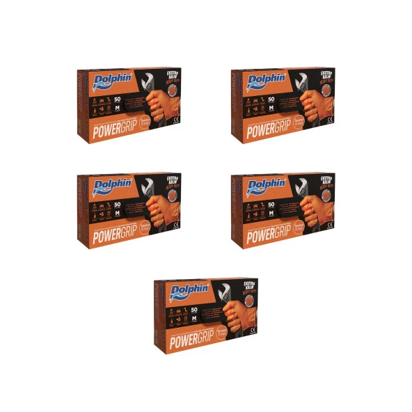 Dolphin Nitril PowerGrip Ekstra Kalın Elmas Dokulu Eldiven Turuncu Meidum Orta Boy - 50'li 5 Paket ürün görseli 1