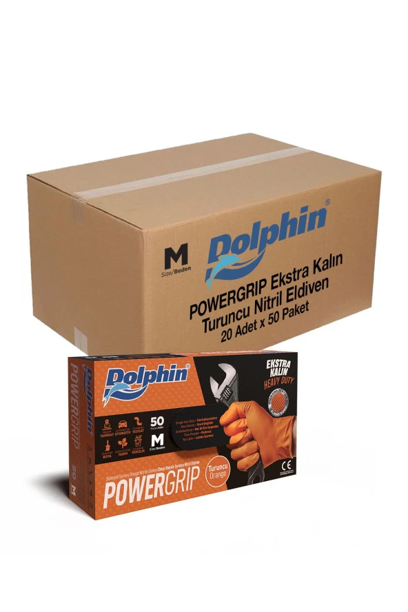 Dolphin Nitril PowerGrip Ekstra Kalın Elmas Dokulu Eldiven Turuncu Meidum Orta Boy - 50'li 20 Paket ürün görseli 1