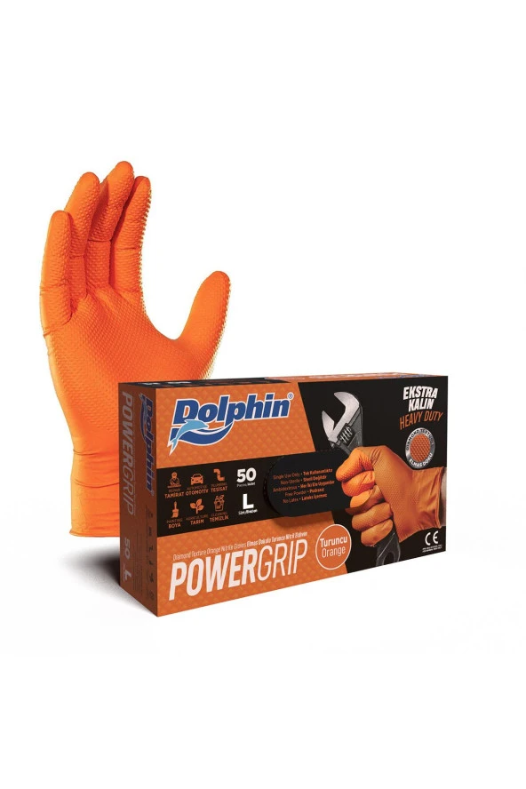 Dolphin Nitril PowerGrip Ekstra Kalın Elmas Dokulu Eldiven Turuncu Large Büyük Boy - 50'li Paket ürün görseli 1