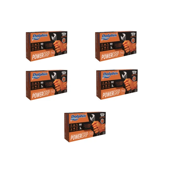 Dolphin Nitril PowerGrip Ekstra Kalın Elmas Dokulu Eldiven Turuncu Large Büyük Boy - 50'li 5 Paket ürün görseli 1