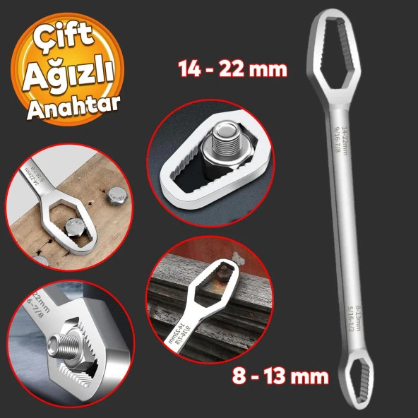 Pratik Çift Ağızlı Kendinden Sıkma Çok Amaçlı Anahtar Çelik Anahtarı Krom 8-13 / 14-22 mm ürün görseli 1