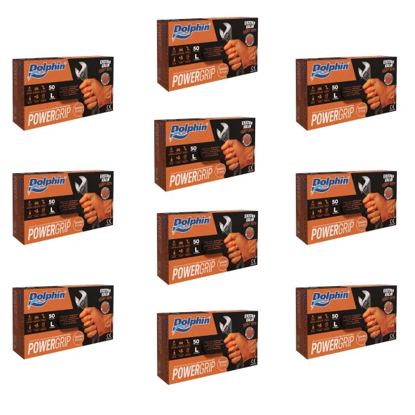 Dolphin Nitril PowerGrip Ekstra Kalın Elmas Dokulu Eldiven Turuncu Large Büyük Boy - 50'li 10 Paket ürün görseli 1