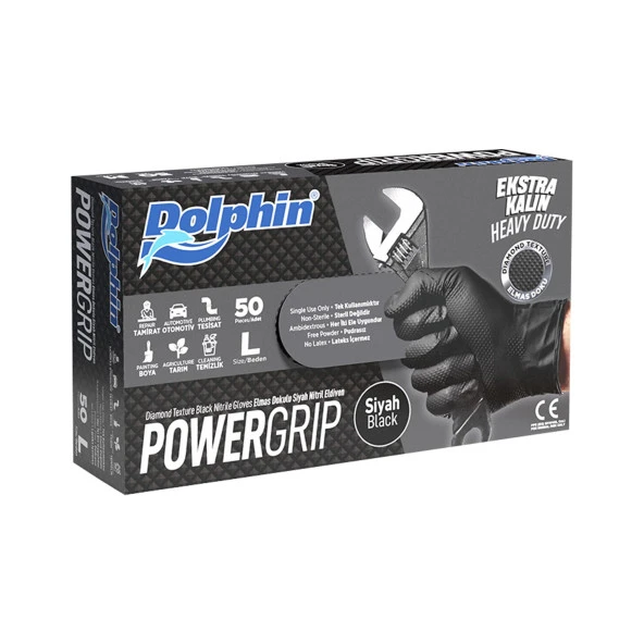 Dolphin Nitril PowerGrip Ekstra Kalın Elmas Dokulu Eldiven Siyah Large Büyük Boy - 50'li Paket ürün görseli 1