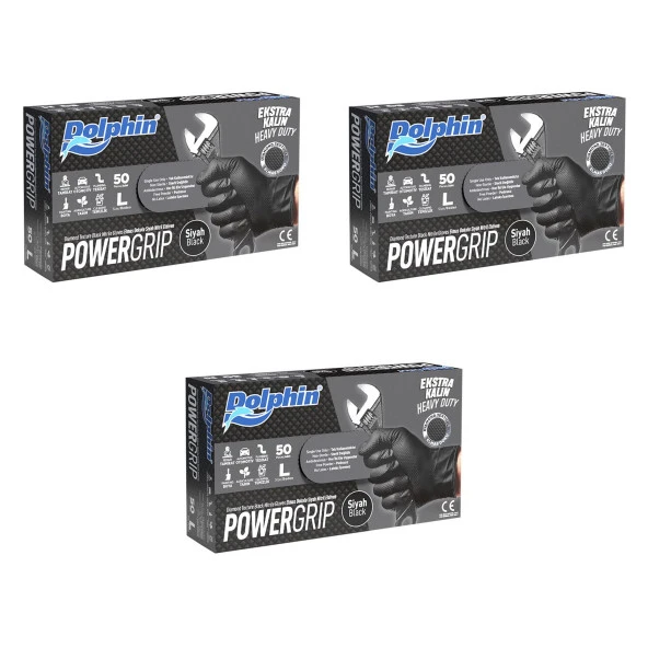 Dolphin Nitril PowerGrip Ekstra Kalın Elmas Dokulu Eldiven Siyah Large Büyük Boy - 50'li 3 Paket ürün görseli 1