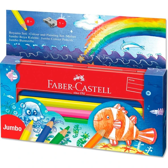 Faber Castell Jumbo Kuru Boya Seti Metal Kutulu 8 Renk 951080 ürün görseli 1