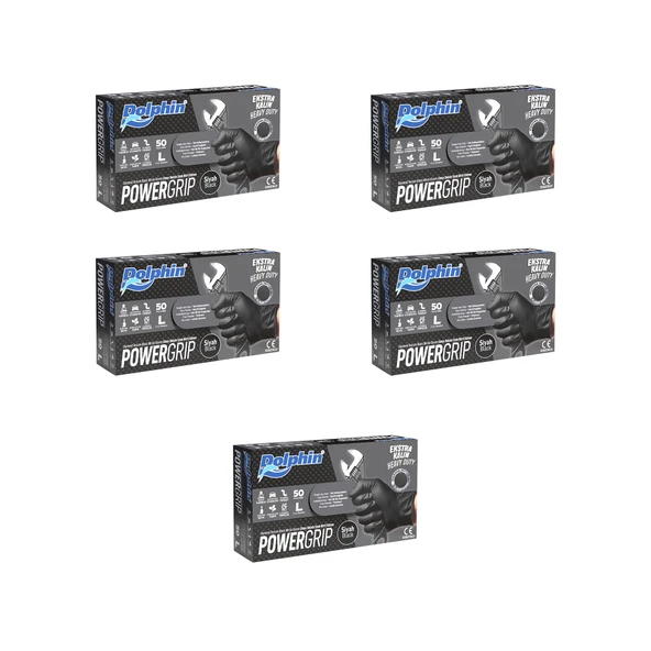 Dolphin Nitril PowerGrip Ekstra Kalın Elmas Dokulu Eldiven Siyah Large Büyük Boy - 50'li 5 Paket ürün görseli 1