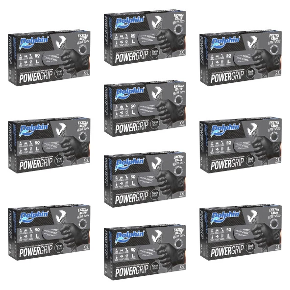Dolphin Nitril PowerGrip Ekstra Kalın Elmas Dokulu Eldiven Siyah Large Büyük Boy - 50'li 10 Paket ürün görseli 1