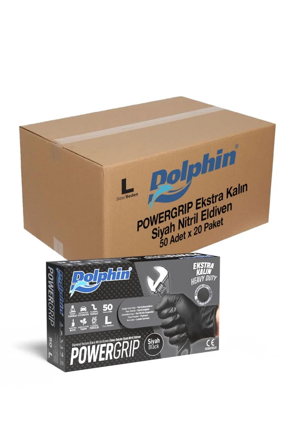 Dolphin Nitril PowerGrip Ekstra Kalın Elmas Dokulu Eldiven Siyah Large Büyük Boy - 50'li 20 Paket ürün görseli 1