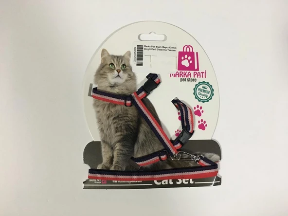 Marka Pati Siyah Beyaz Kırmızı Çizgili Kedi Gezdirme Tasması ürün görseli 1