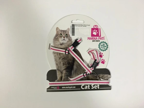Marka Pati Beyaz Pembe Çizgili Kedi Gezdirme Tasması ürün görseli 1