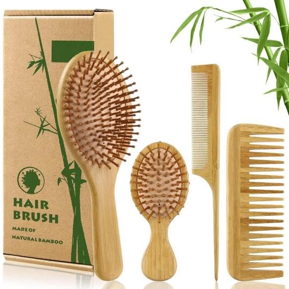 Valkyrie 4 Adet Doğal Bambu Fırça Tarak Seti %100 Bambu Orjinal Set ürün görseli 1