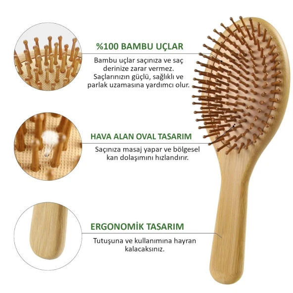Valkyrie 4 Adet Doğal Bambu Fırça Tarak Seti %100 Bambu Orjinal Set - Resim 4